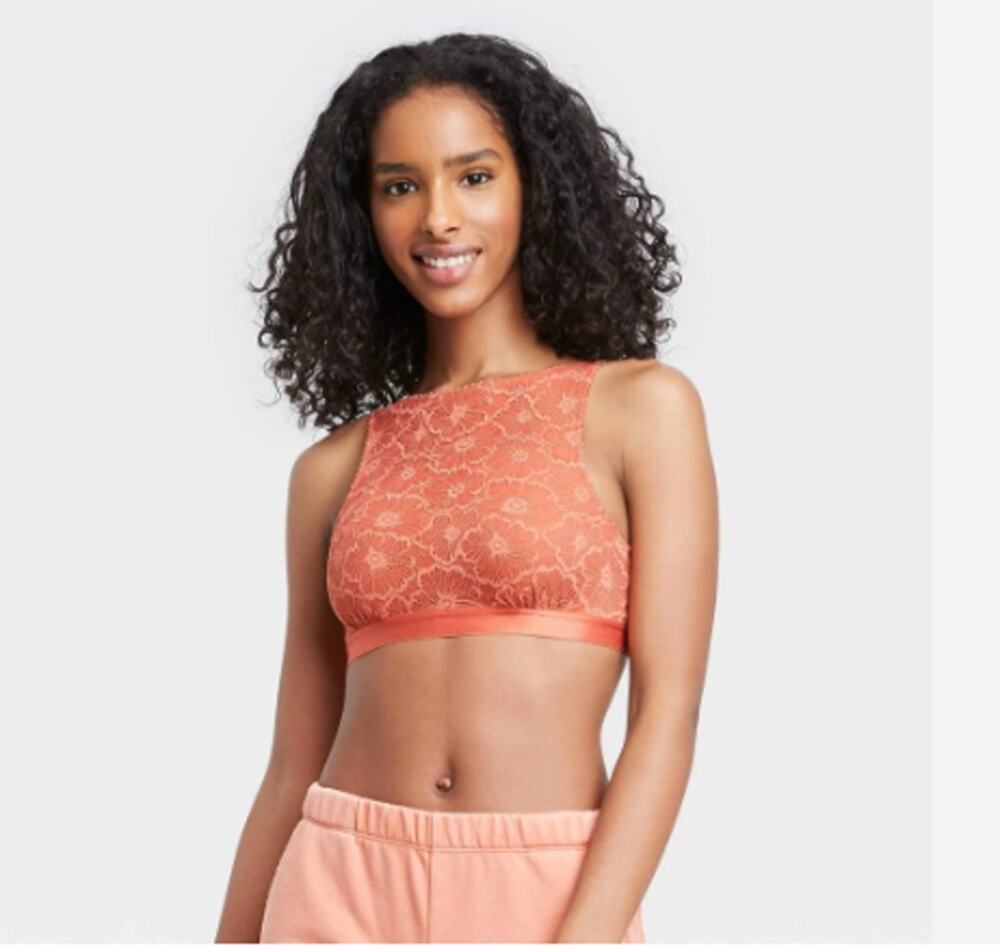 Colsie High Neck Allover Floral Lace Detail in Apricot XS